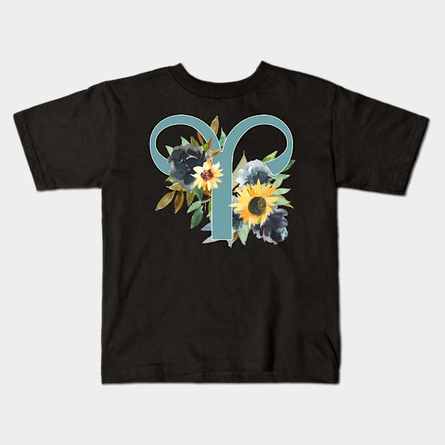 Aries Horoscope Zodiac Blue Sunflower Design Kids T-Shirt by bumblefuzzies